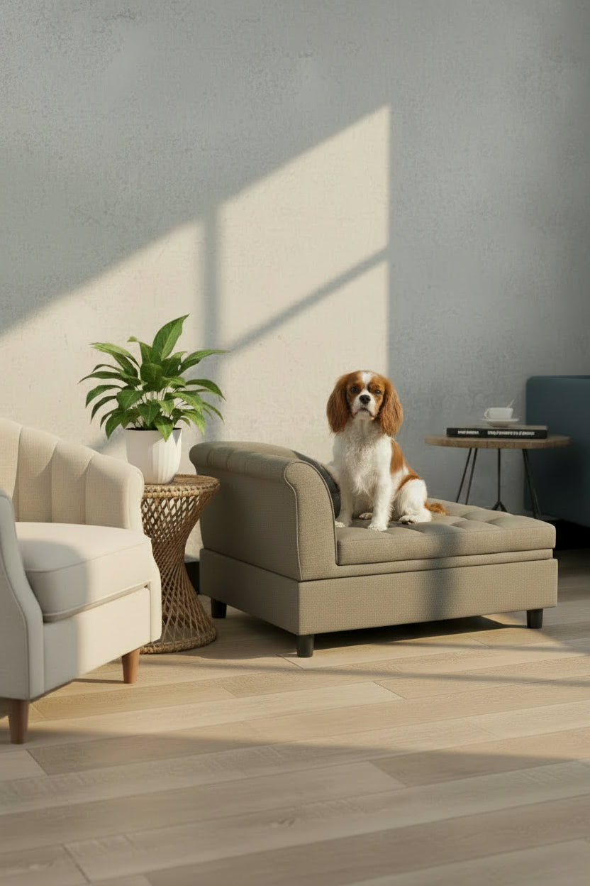 Furniture-style pet couch with supportive arms and cushioned seat