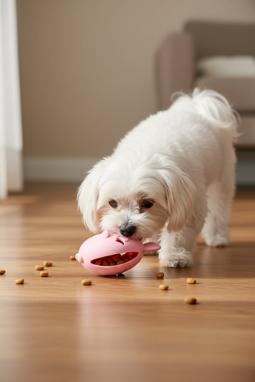 Fish-shaped silicone treat-dispensing chew toy for small dogs