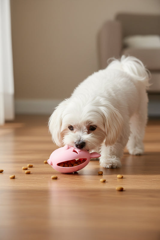 Fish-shaped silicone treat-dispensing chew toy for small dogs