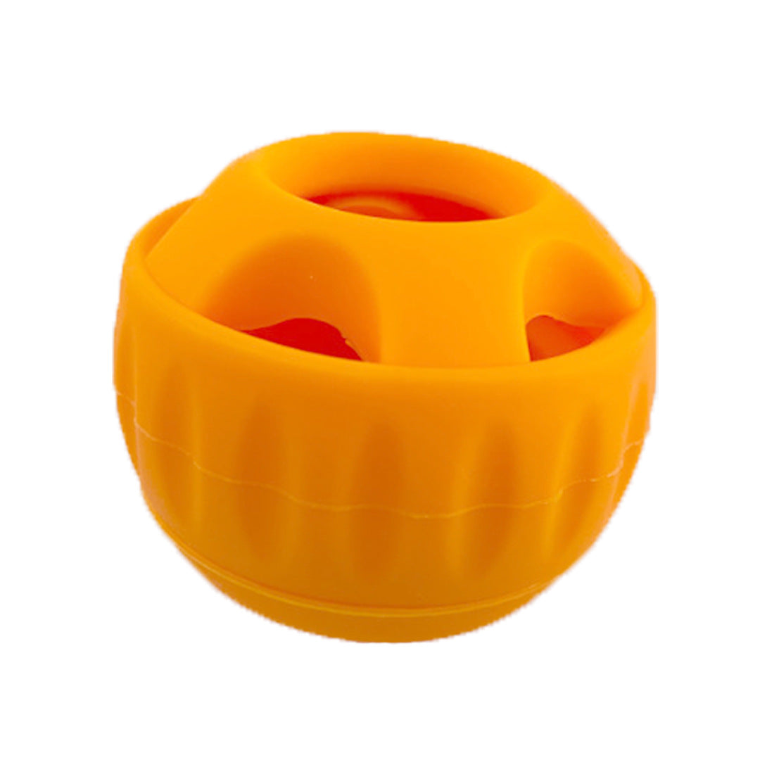 Slow feeder treat ball with textured dental-cleaning grooves