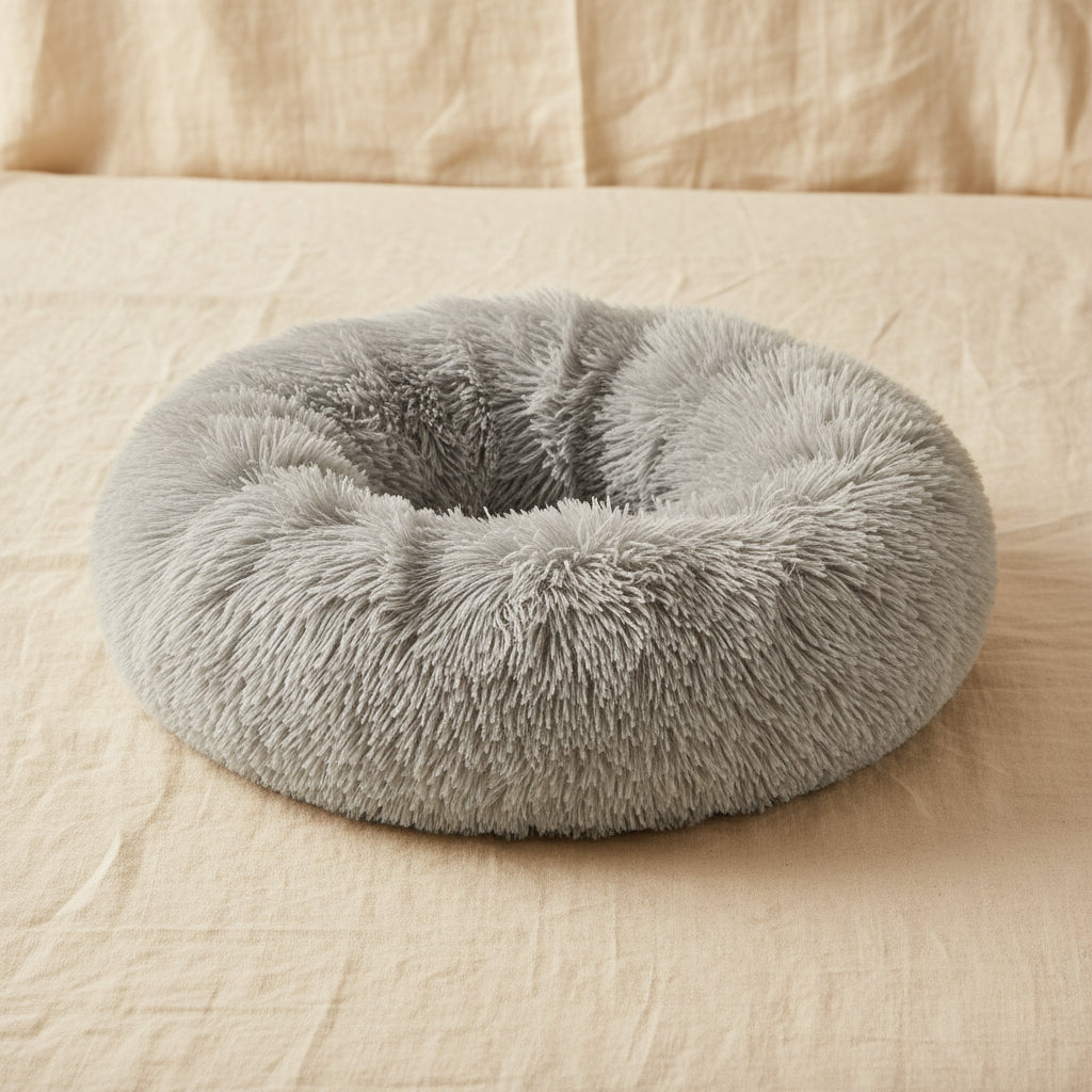 Brown round calming pet bed for cats and small dogs