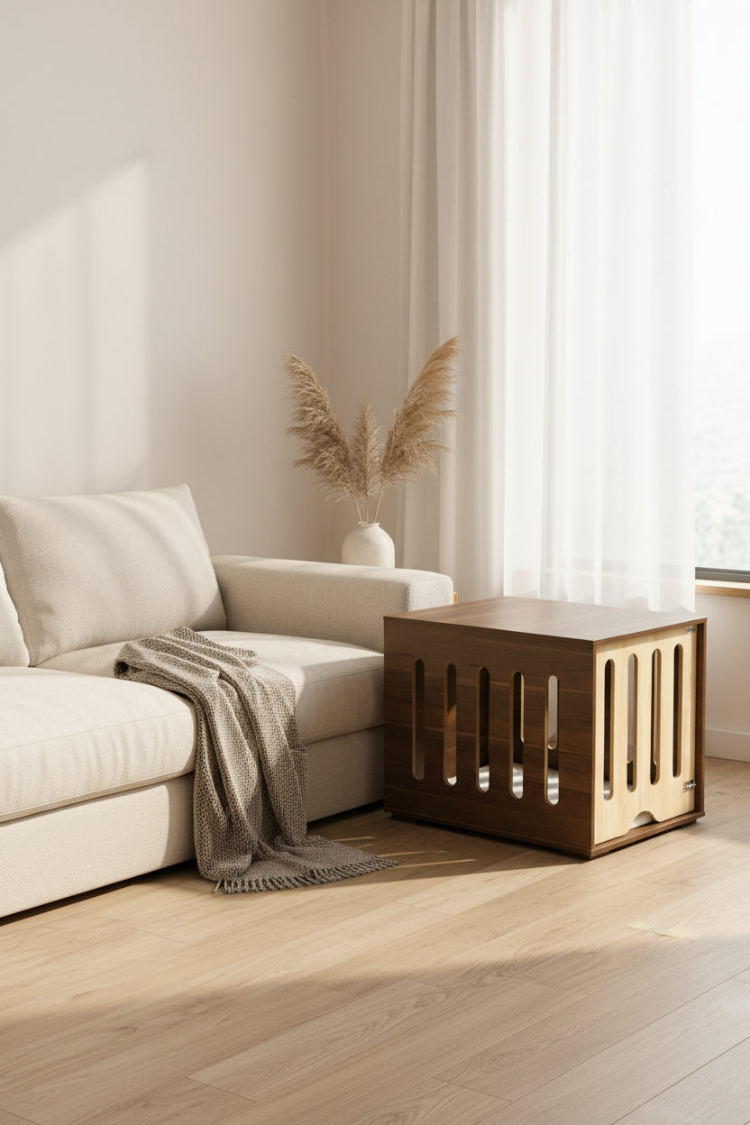 Furniture-style indoor dog crate end table with covered interior