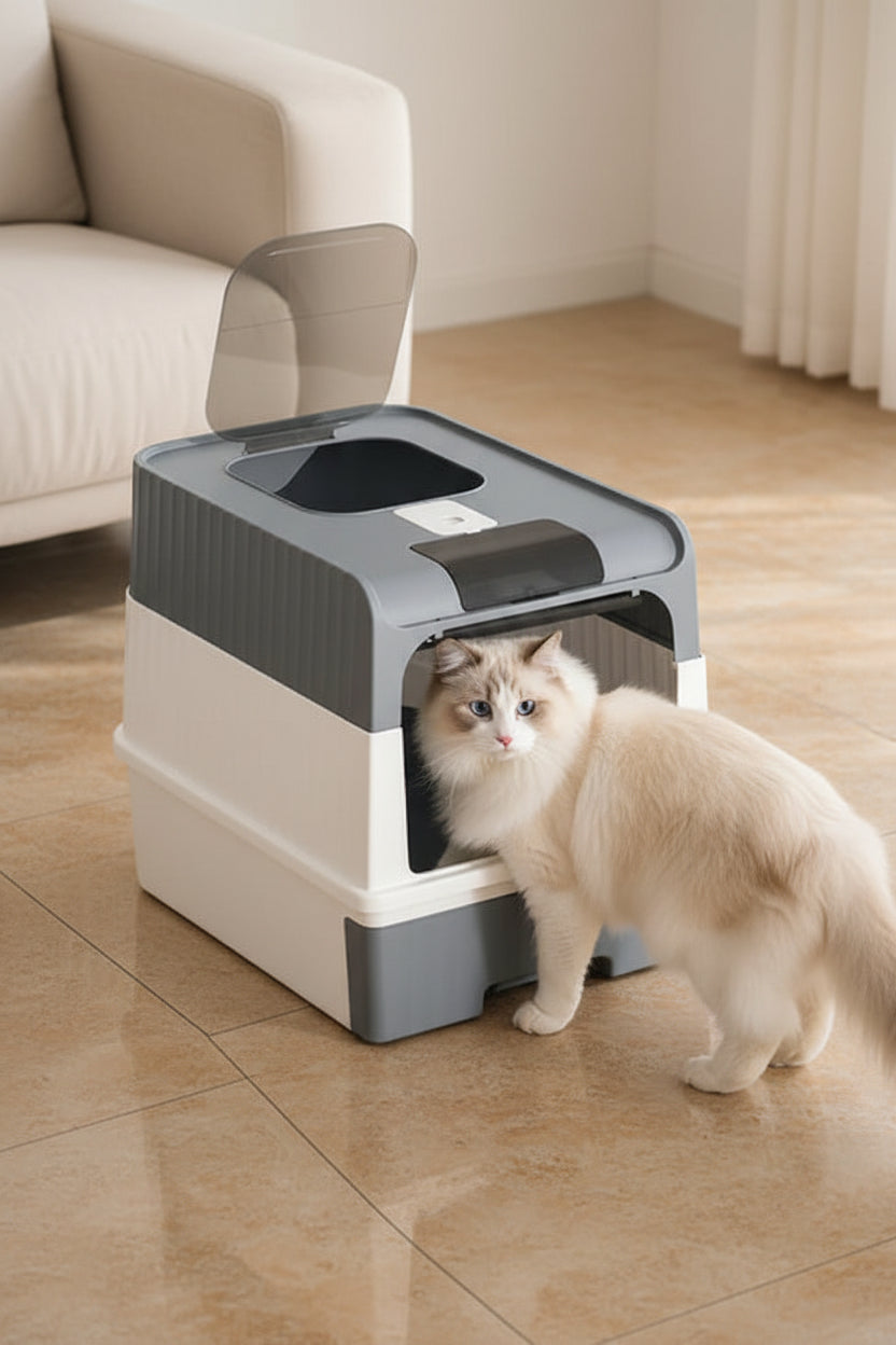 Modern enclosed litter box designed to contain mess and odor