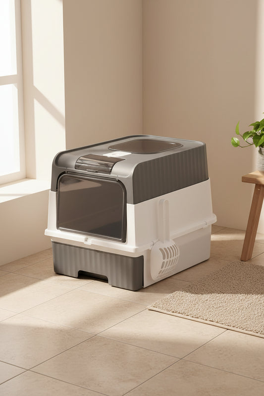 Gray and white enclosed cube litter box with front viewing window