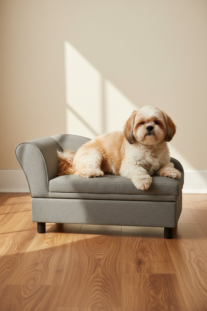 Small dog sofa with lifted seat revealing storage compartment