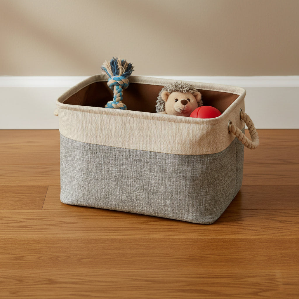 Natural linen pet toy storage basket with rope handles