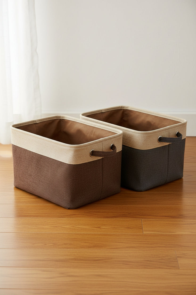 Neutral pet storage bin with reinforced handles and open top