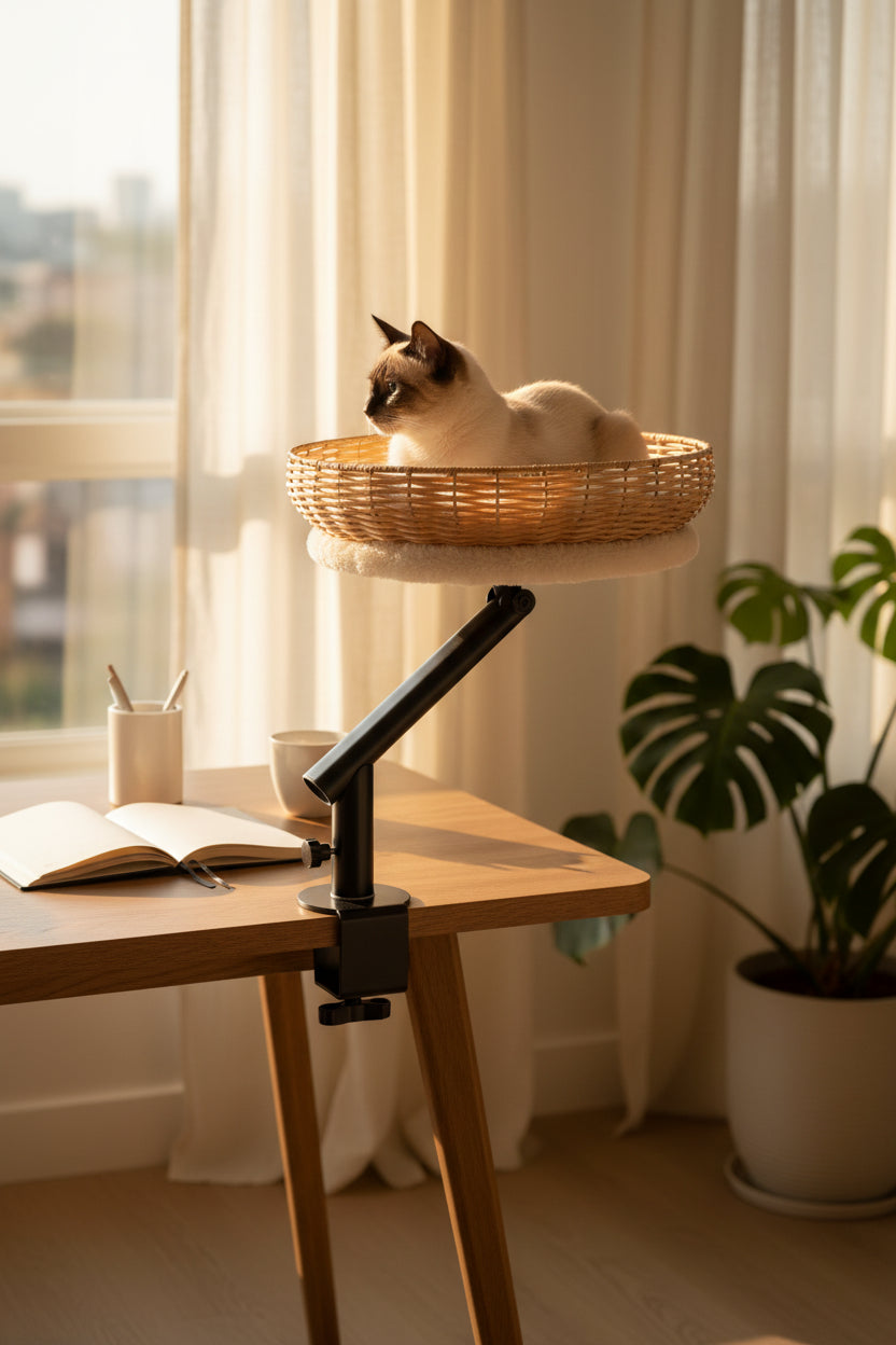 Clamp-on cat bed positioned beside a laptop workspace
