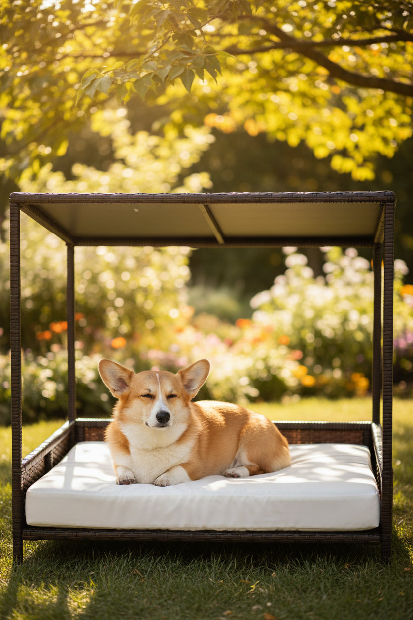 Small dog resting on a shaded rattan canopy bed