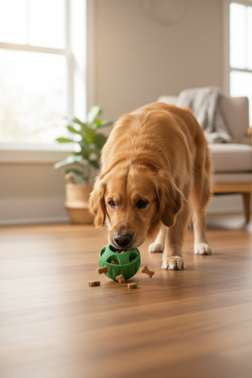 Dog rolling a silicone puzzle ball to release kibble
