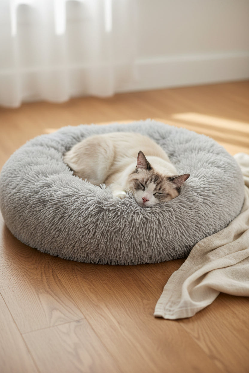 Cat curled inside a plush donut bed with supportive edge
