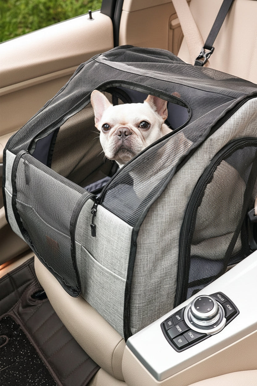 Portable dog travel carrier secured on a vehicle seat