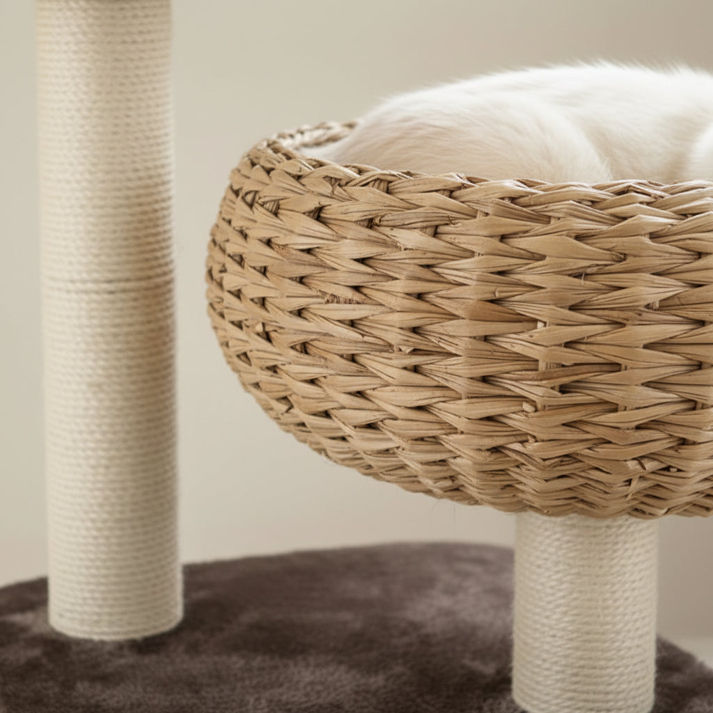 Natural brown cat activity tower with sisal scratchers and hanging rope toy