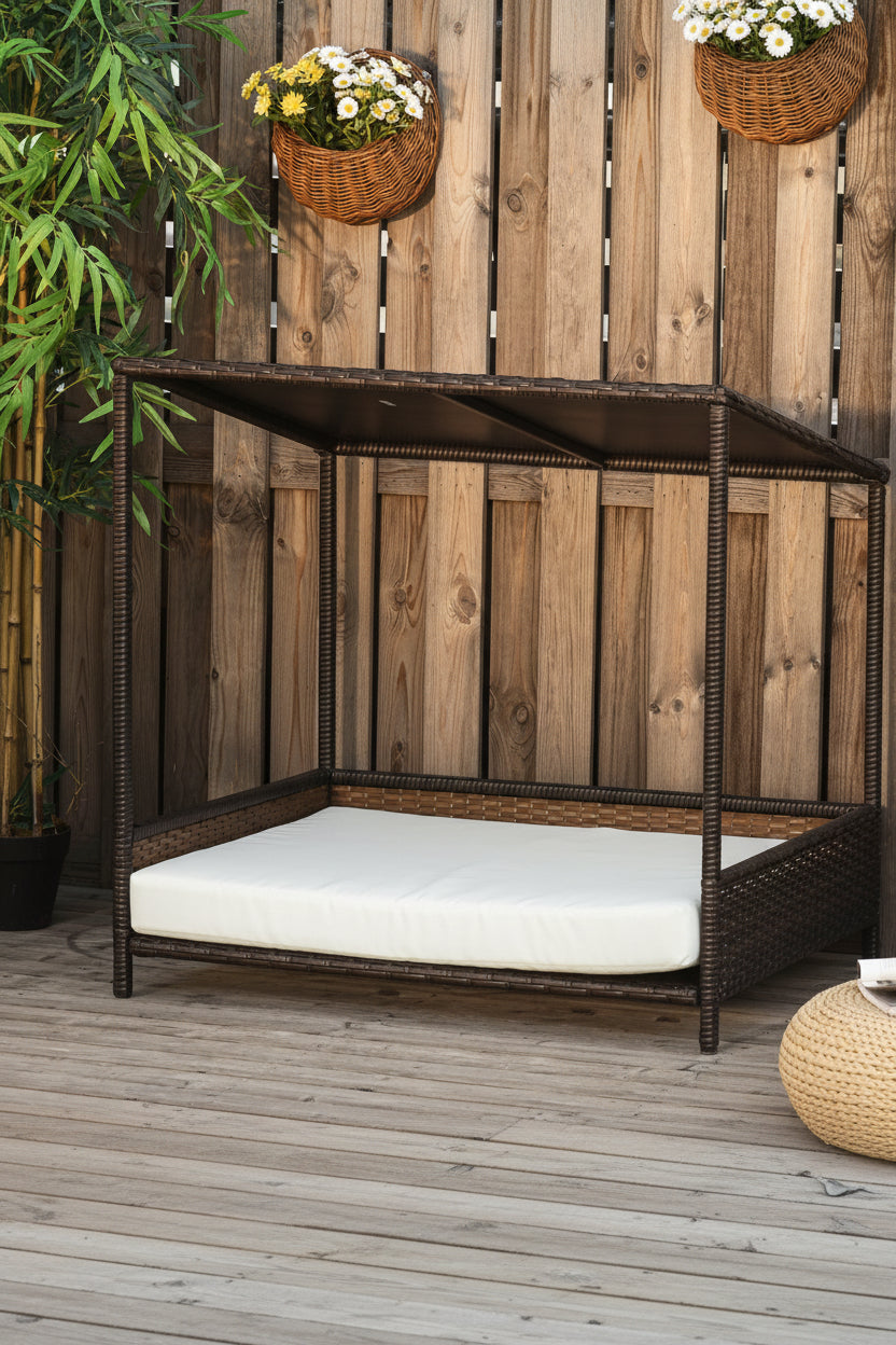 Dark brown rattan canopy dog bed with removable white cushion