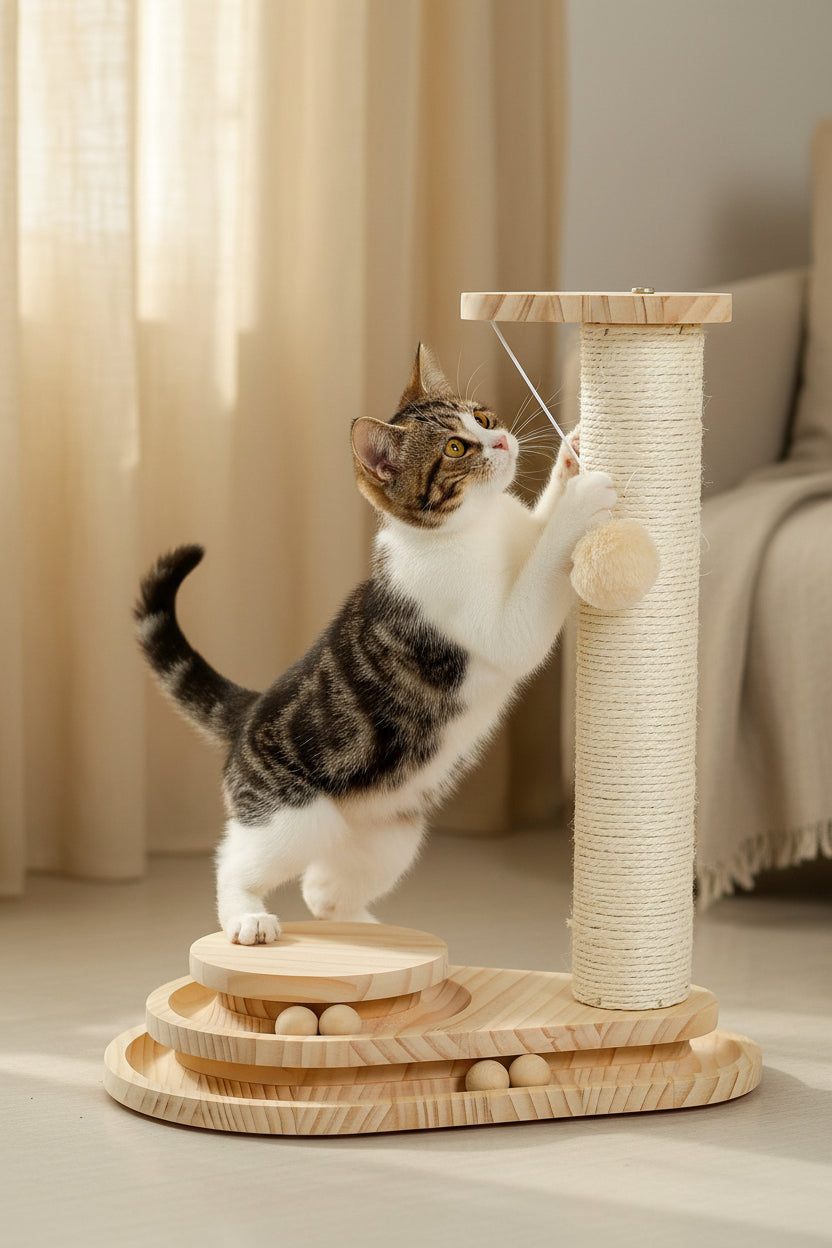 Wooden cat activity center with sisal post, ball track and top perch