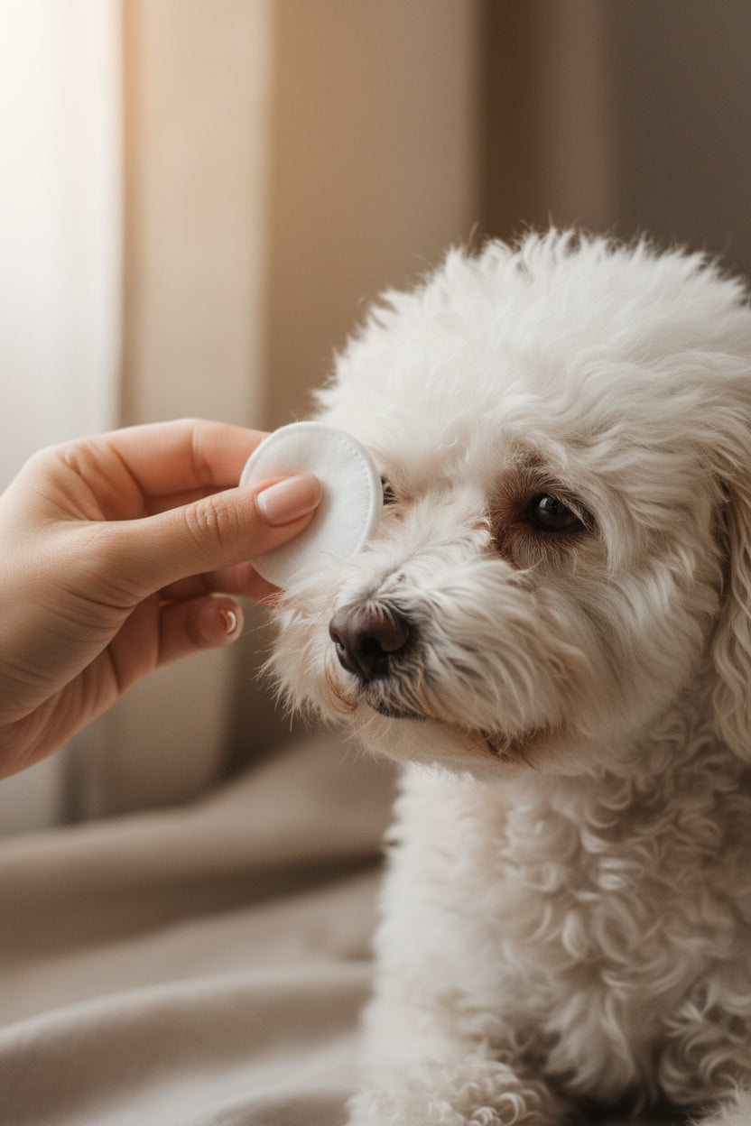 Pre-moistened pet eye wipe shown removing buildup around the eye