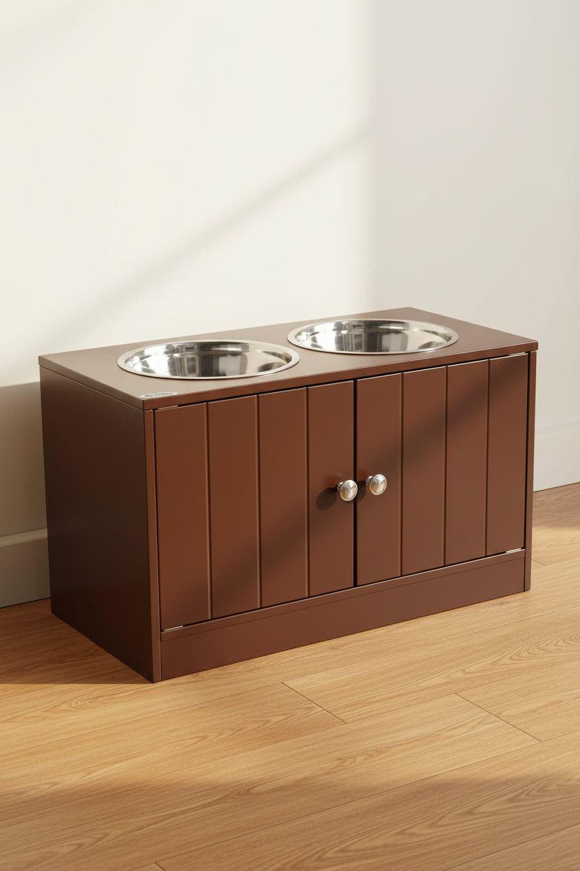 Brown elevated dog feeding station with two stainless steel bowls