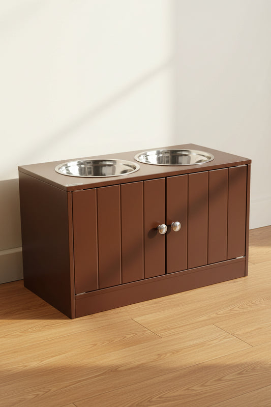 Brown elevated dog feeding station with two stainless steel bowls