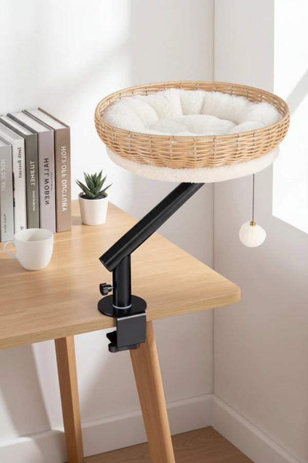 Rotating Desktop Cat Perch with Rattan Basket | Clamp-On Bed