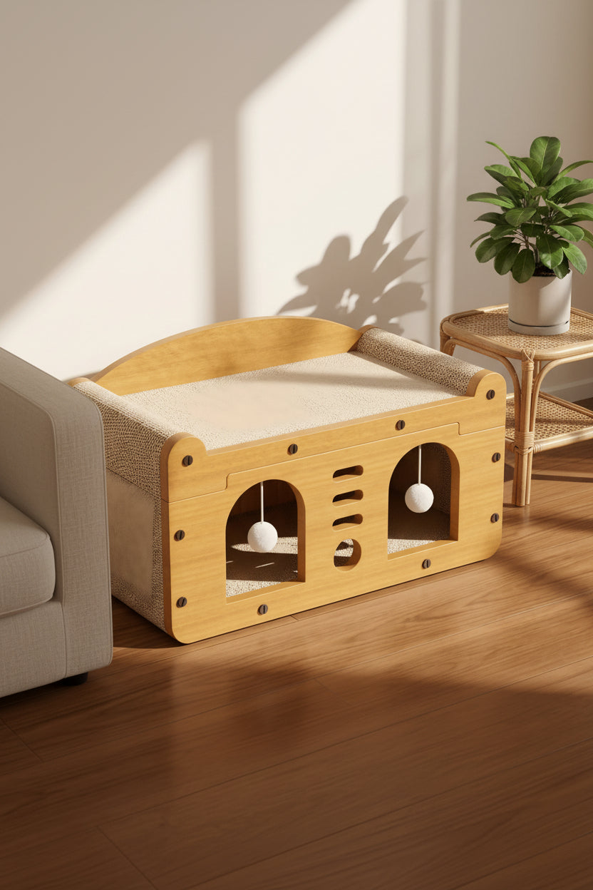 Wood-grain cat scratcher house with arched hideaway entrance