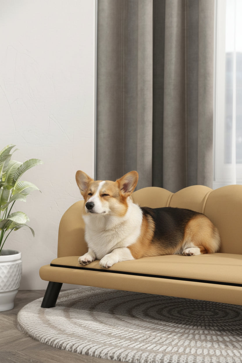 Scalloped dog couch with dark wooden legs and wide cushioned seat