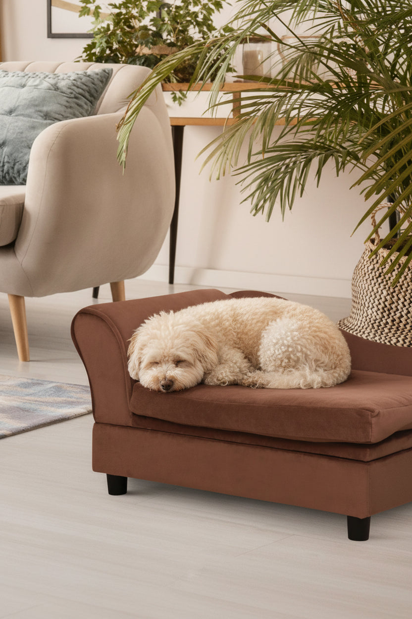 Small dog and cat chaise with velvet finish and lifted seat storage