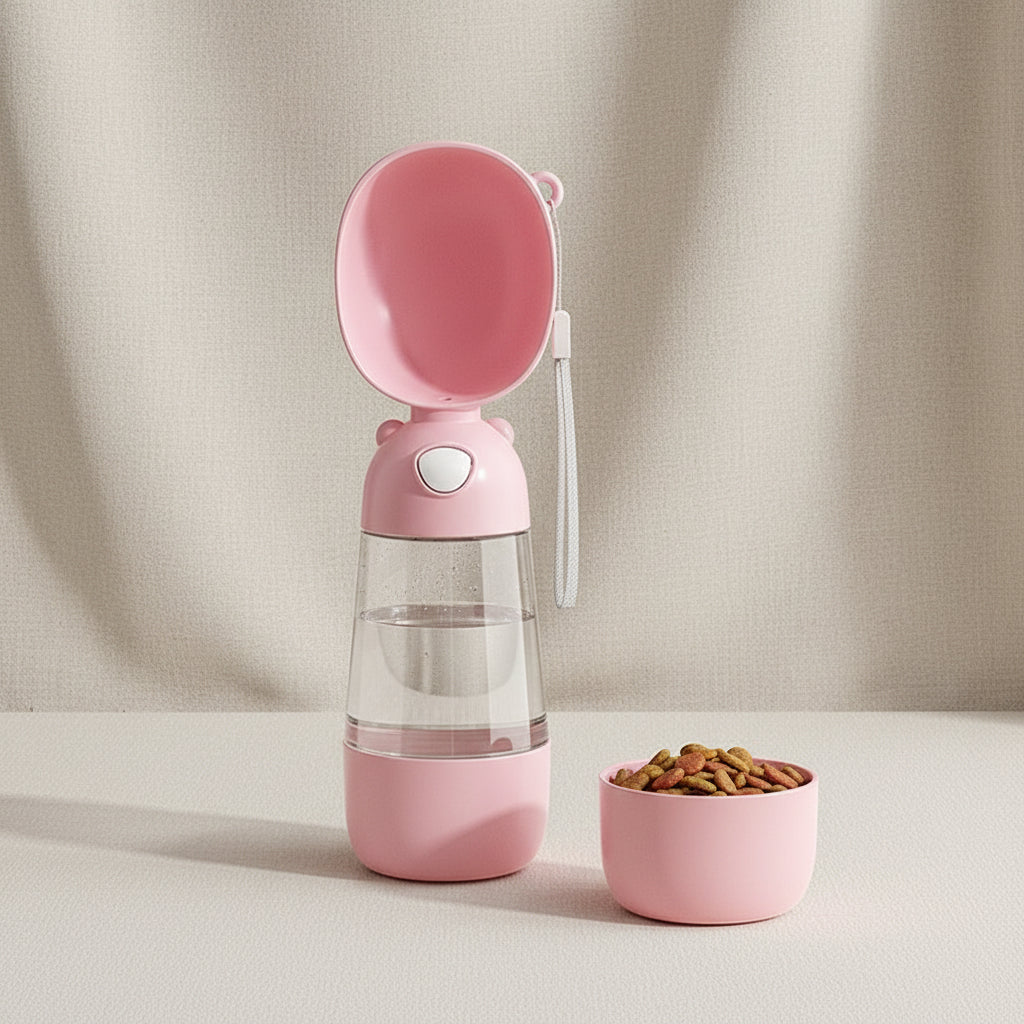 Dog water bottle with secure closure and food-grade plastic body