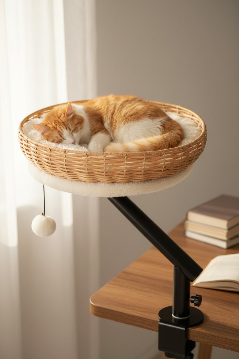 Rotating cat basket perch with plush cushion and metal clamp