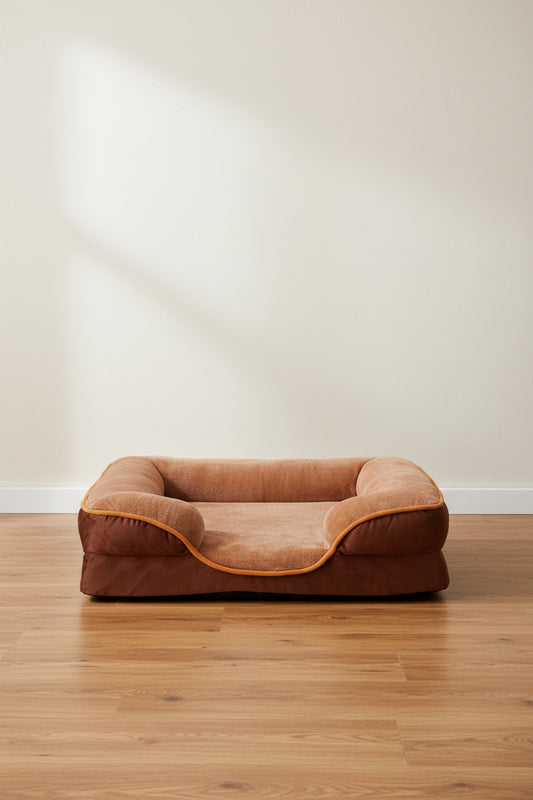 Gray orthopedic memory foam dog bed with raised bolster