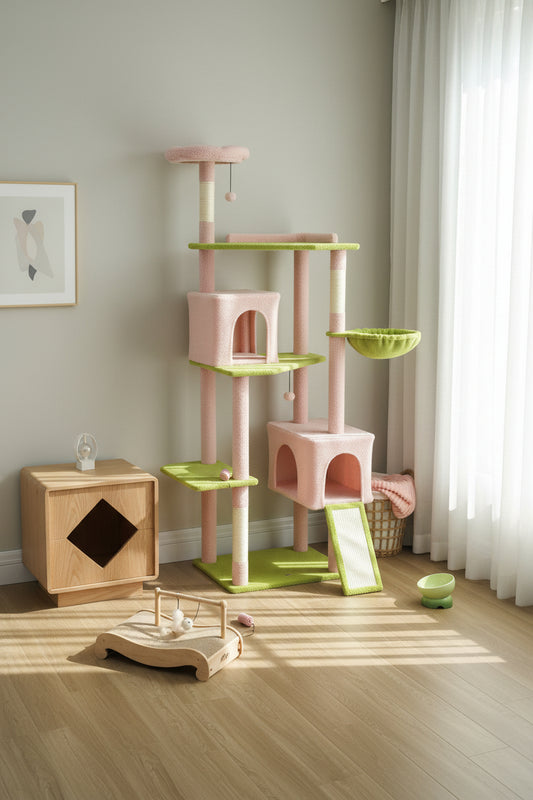 Tall pink multi-level cat tree with condos, hammock and scratching posts