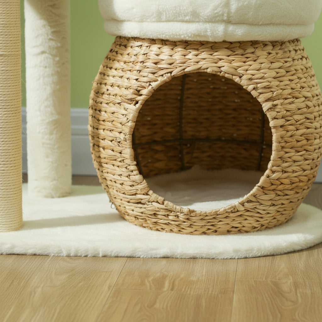 Cream cat tower showing wicker condo and multiple resting levels