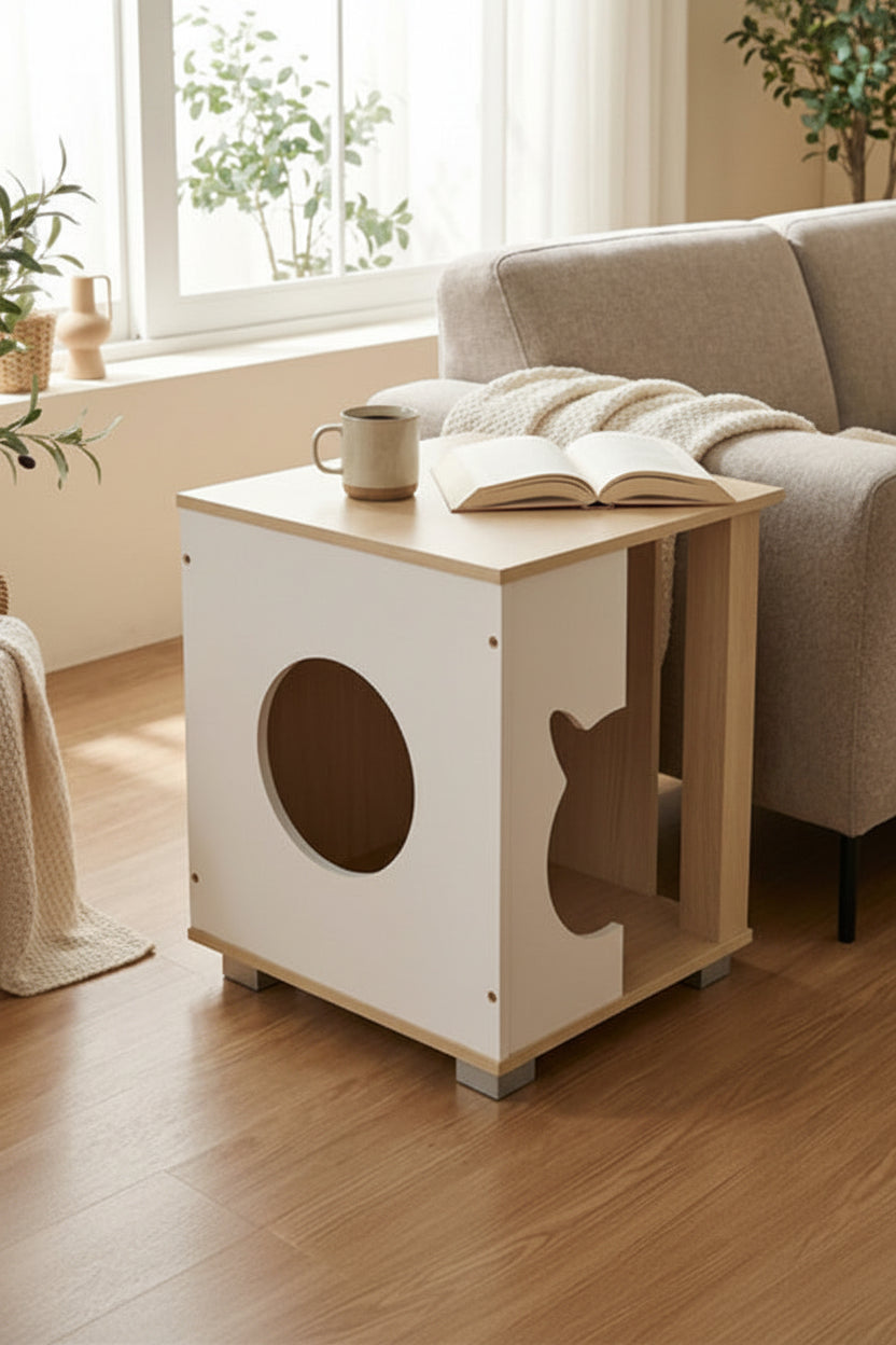 Oak and white cat side table with semi-enclosed sleeping space