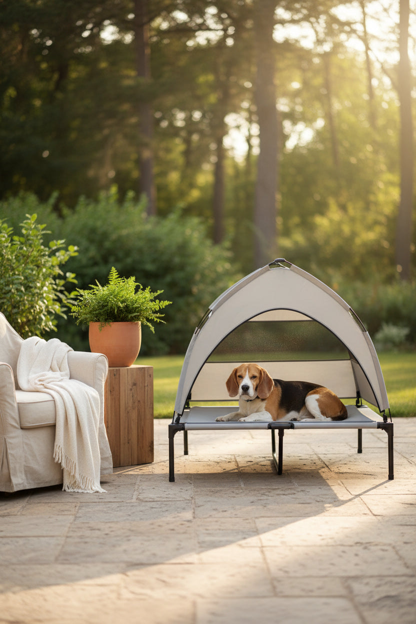 Raised mesh dog cot with cooling pad and three-sided shade cover