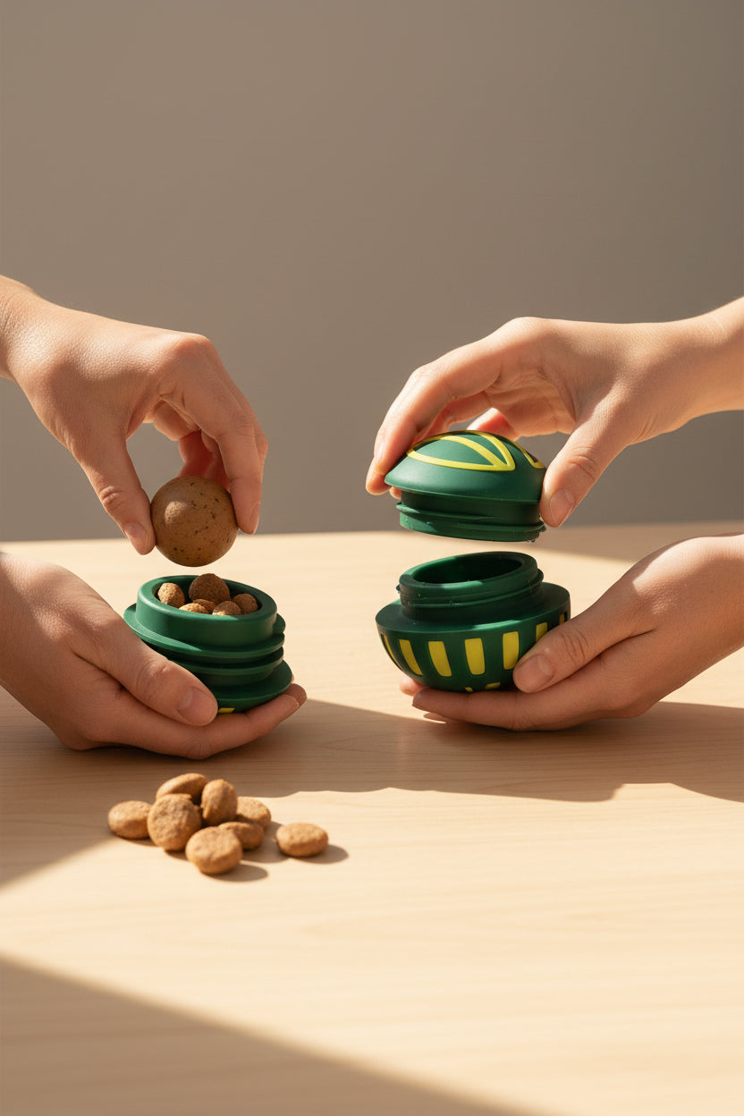 Grooved dog treat dispenser ball opened for easy filling