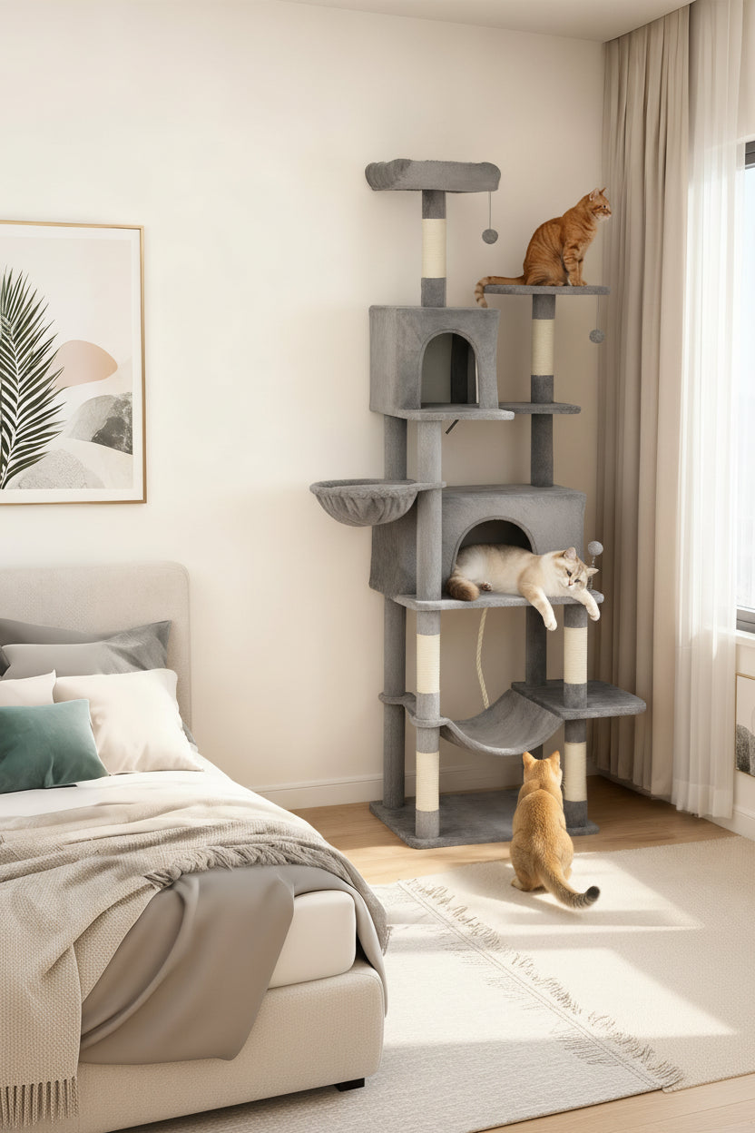 Tall multi-cat activity tower with five platforms and two hideaways