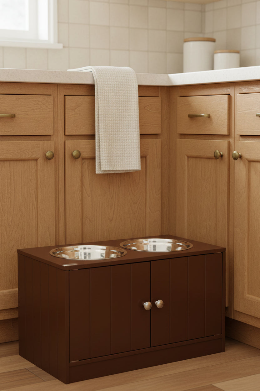 Furniture-style dog bowl stand with magnetic cabinet doors