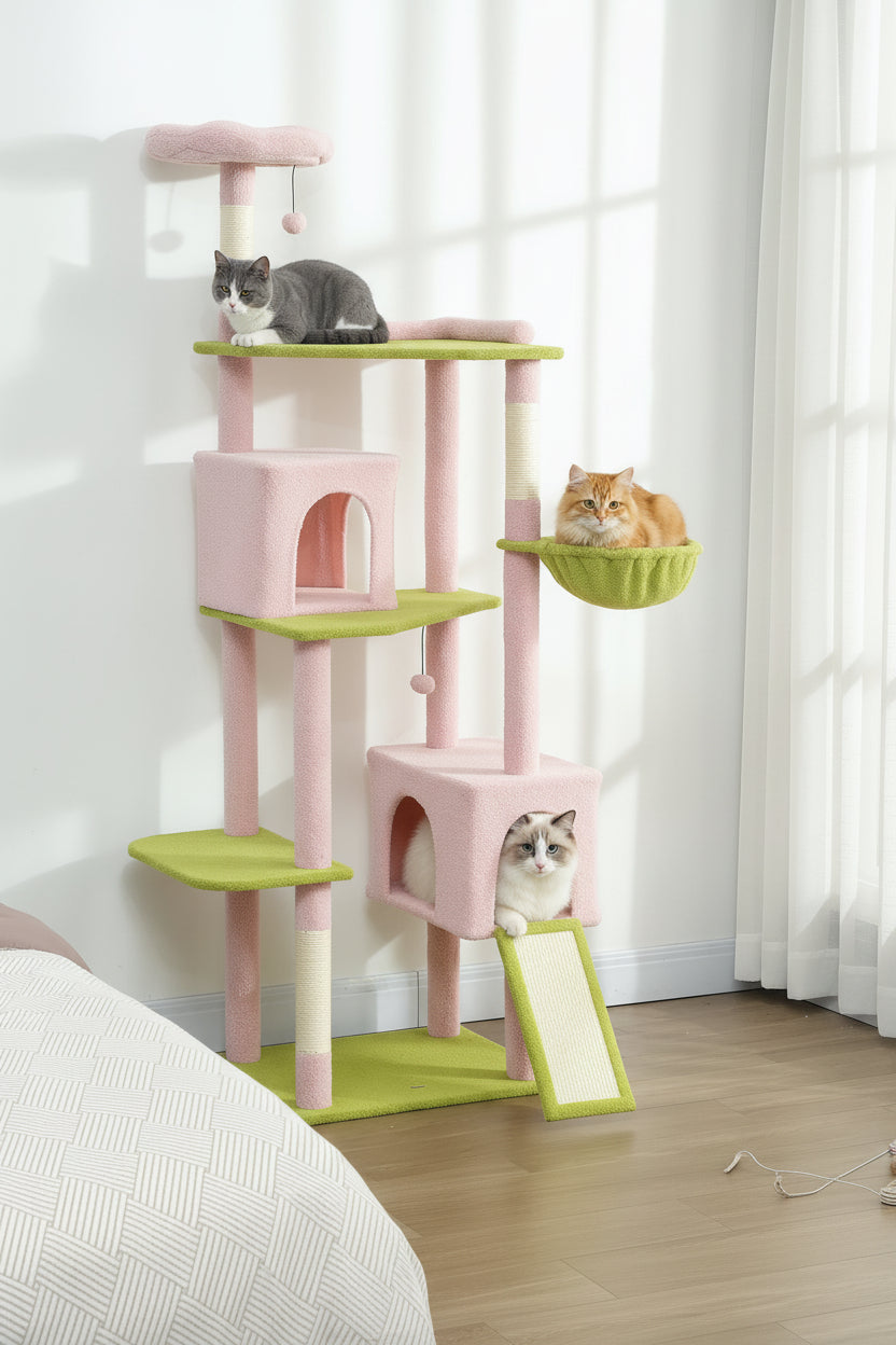 Seventy-four-inch indoor cat tower with ramp and multiple platforms