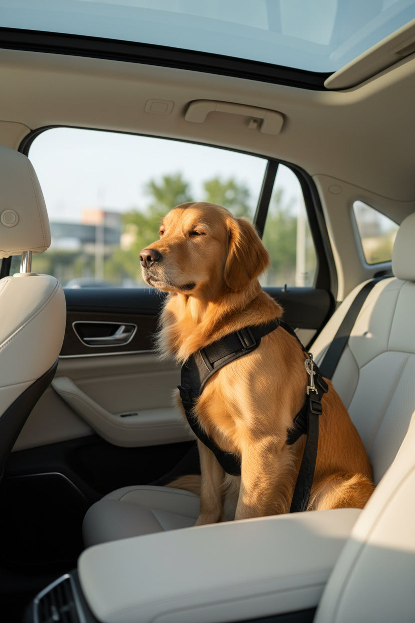 Dog travel safety belts shown with buckle tabs and swivel clips