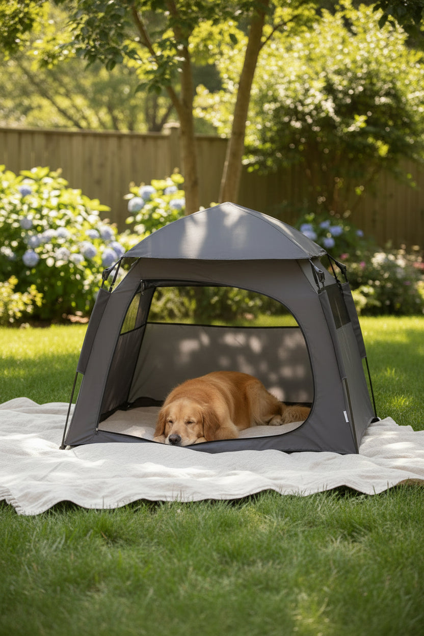 Portable pet shelter with sun canopy and wide mesh doorway