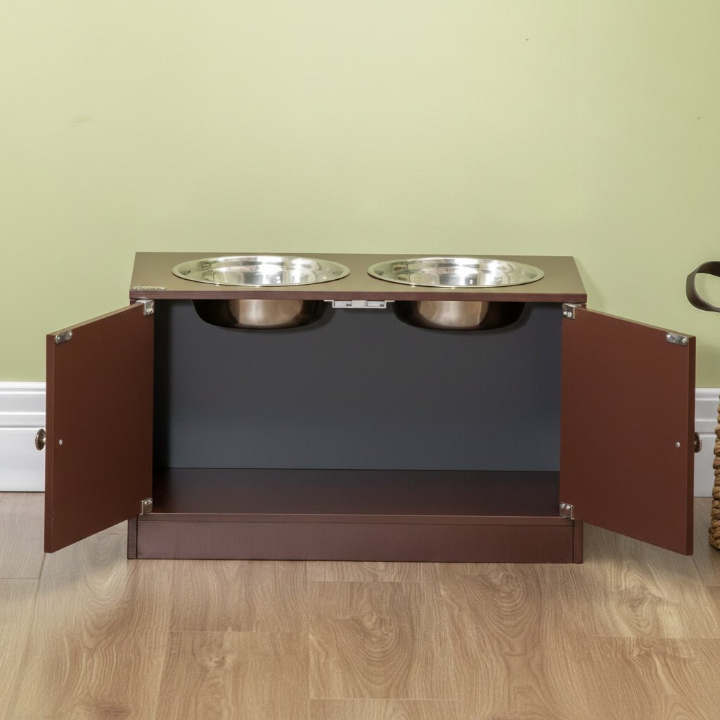 Raised feeding cabinet for large dogs with concealed storage