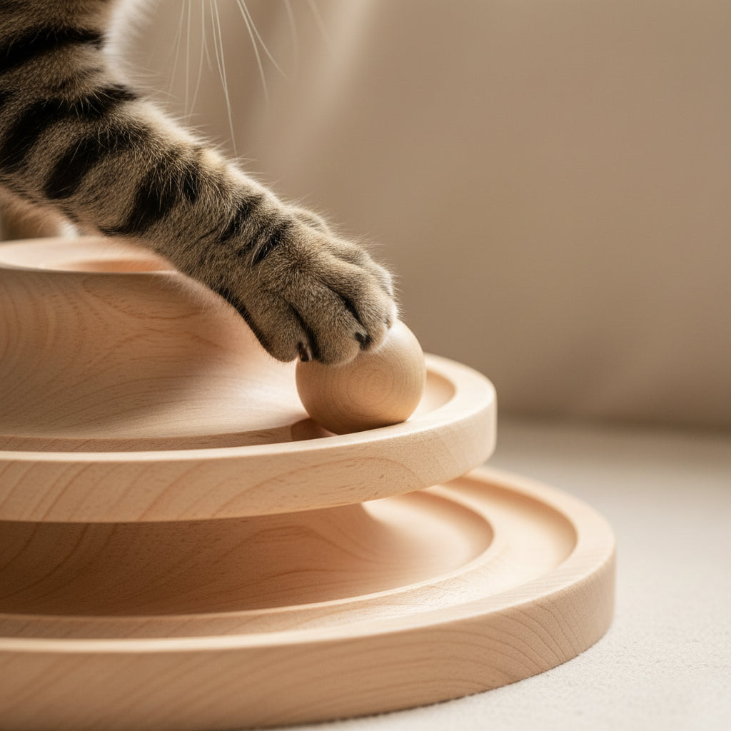 Natural wood cat toy with two-level rolling ball track and scratcher