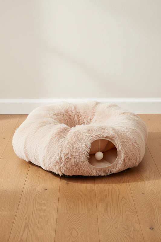 Beige plush cat tunnel donut bed with circular hideaway