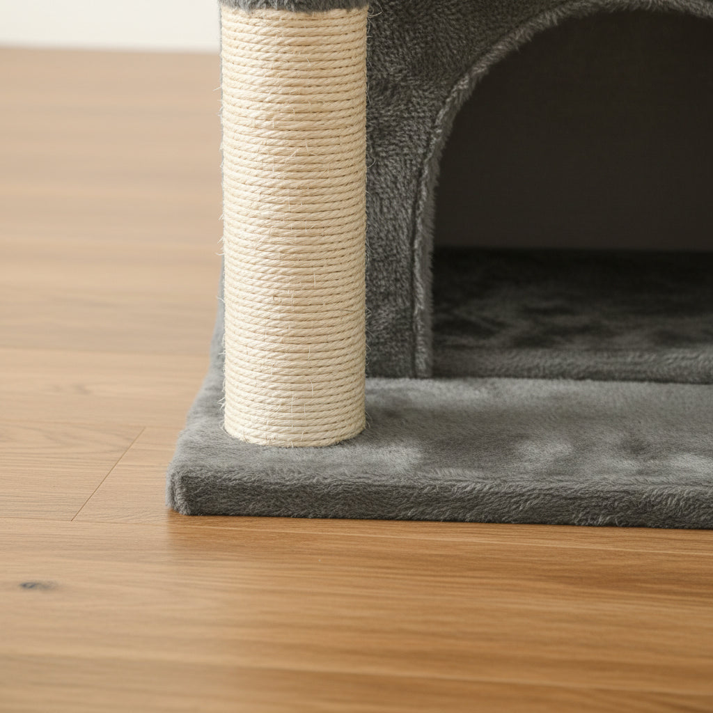 Floor-to-ceiling style cat tree with round and fabric hammocks