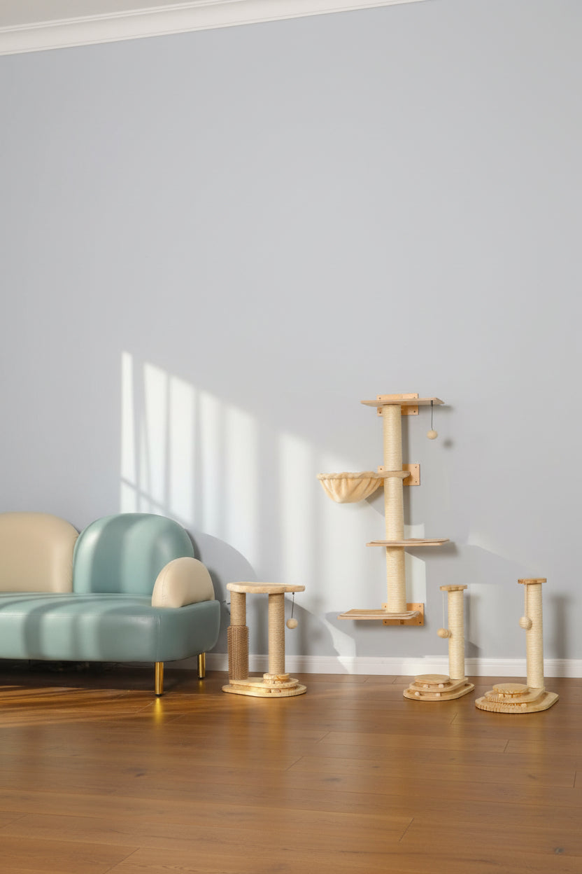Compact wooden cat enrichment station with sisal scratching column