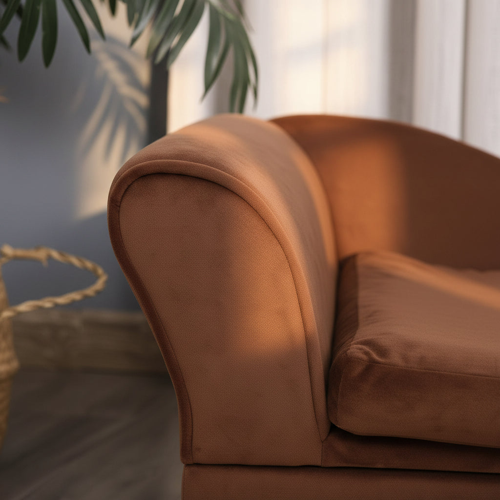 Compact brown pet sofa bed with storage compartment beneath the seat