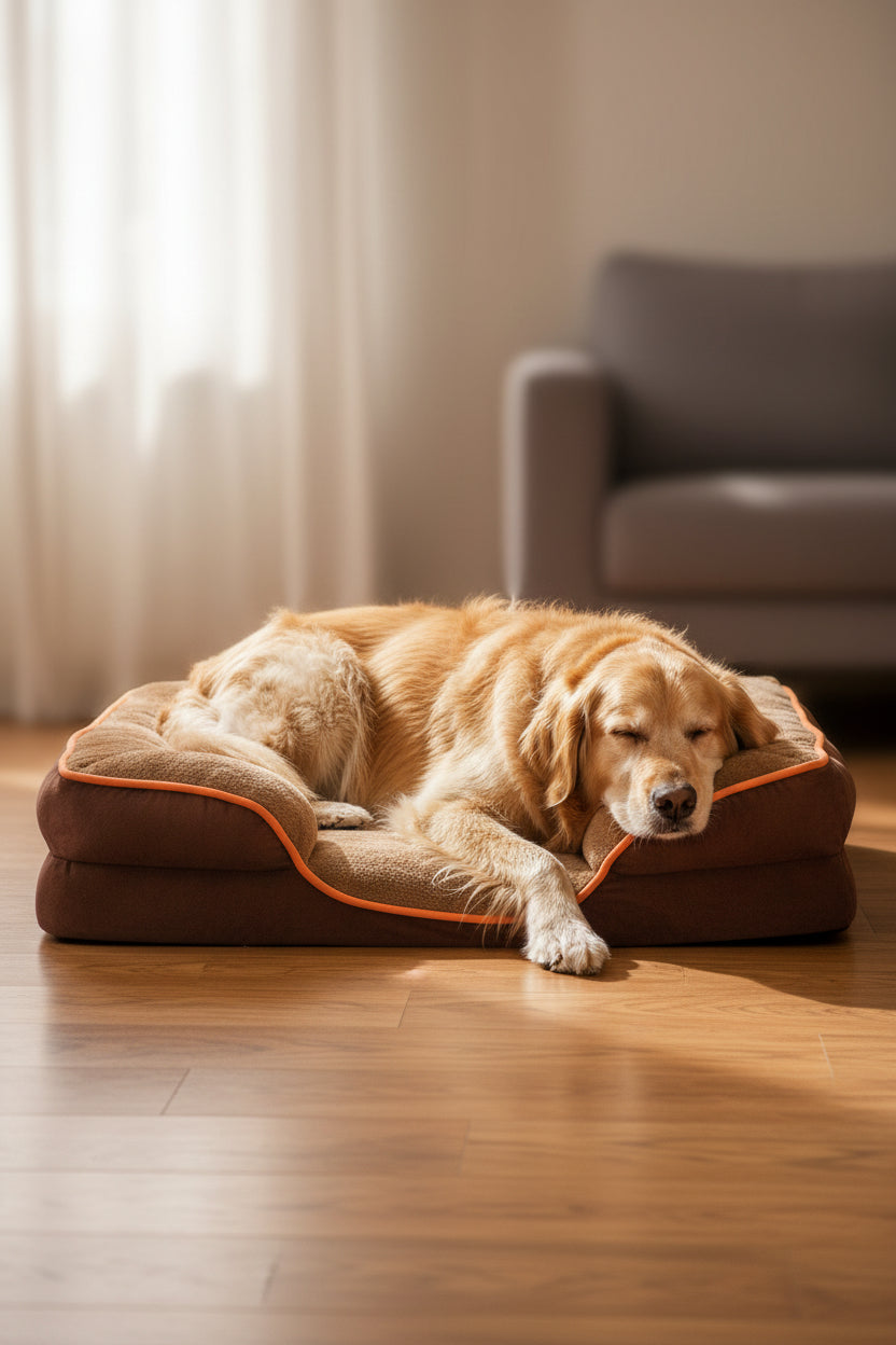 Supportive pet bed showing removable washable cover and foam base