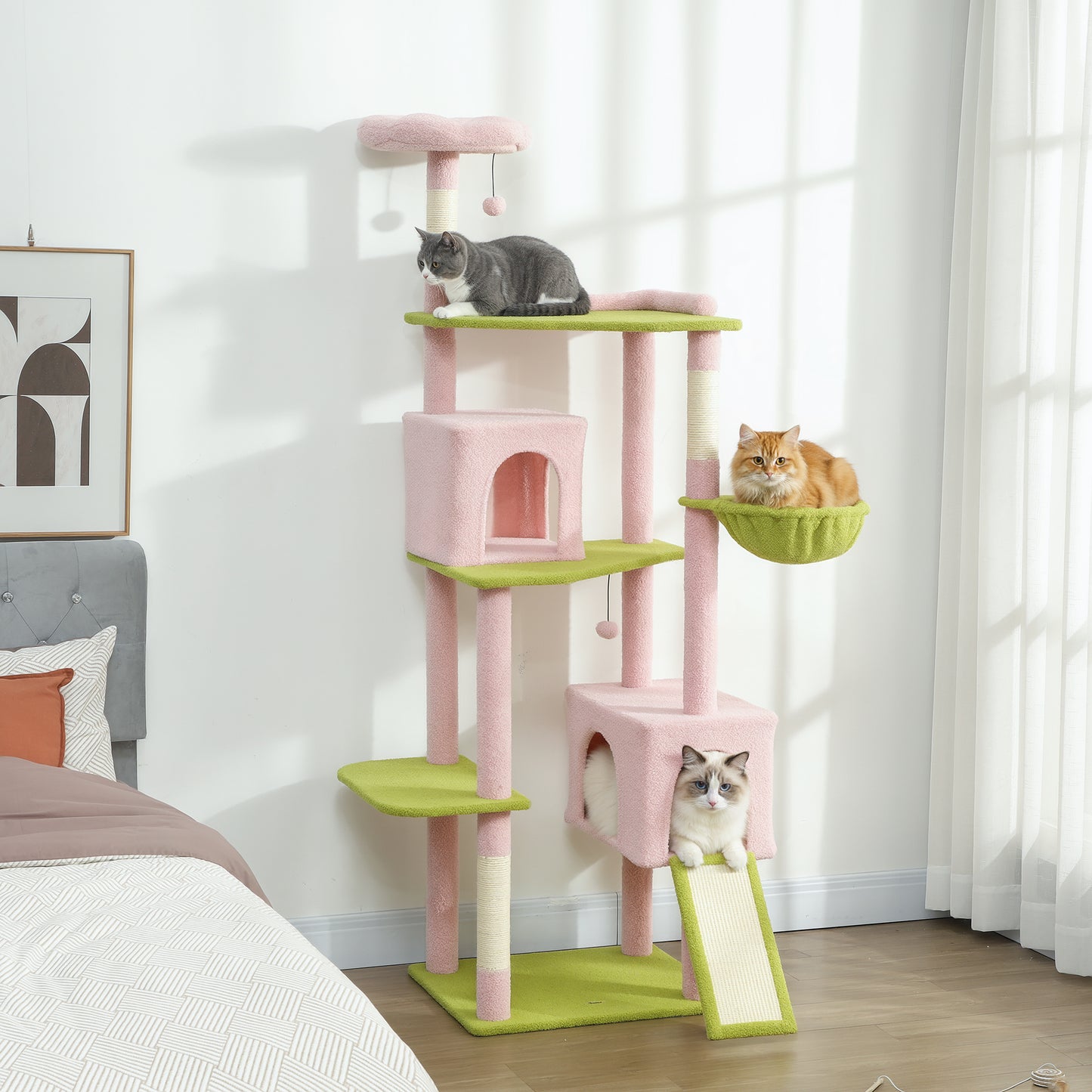 Multi-cat climbing tower with teddy velvet surfaces and sisal posts