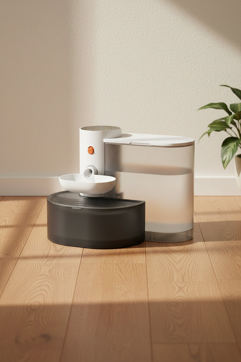 White cordless three-liter pet water fountain with wide drinking bowl