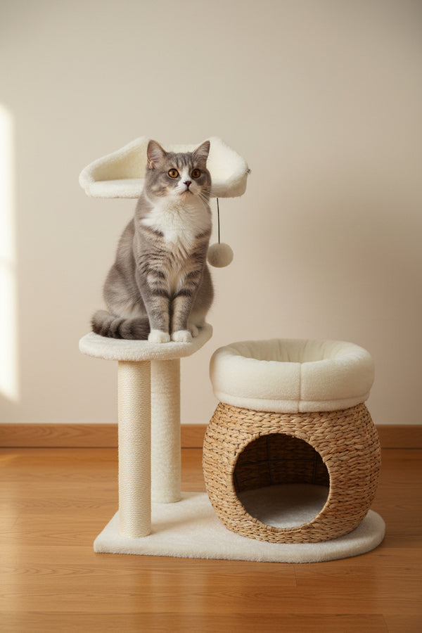3-Tier Cat Tree with Wicker Condo & Sisal Posts | Natural Finish