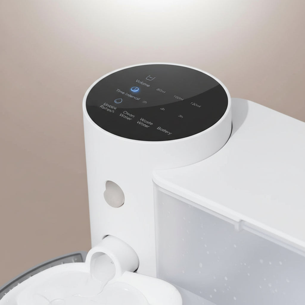 Cord-free pet water fountain shown with three dispensing volume settings